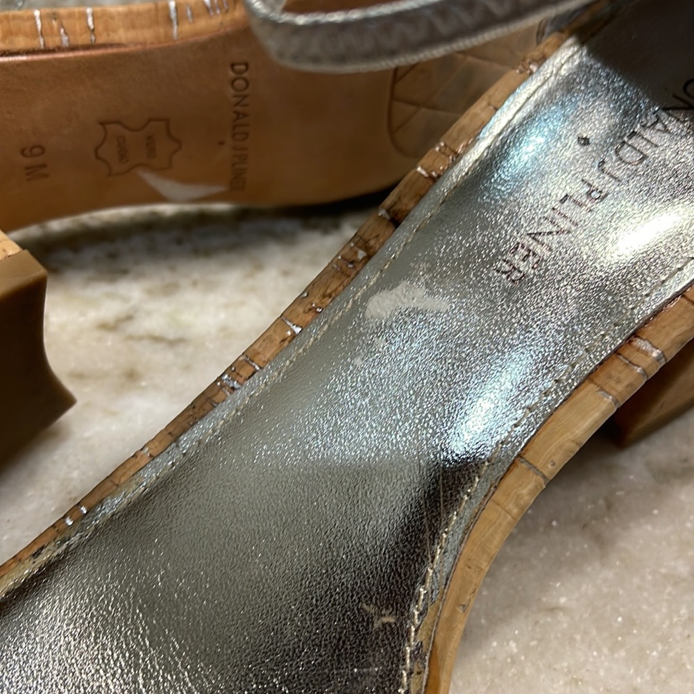 Donald J. Pliner Silver Strappy Cork Block Heel Sandals - Picture 9 of 11